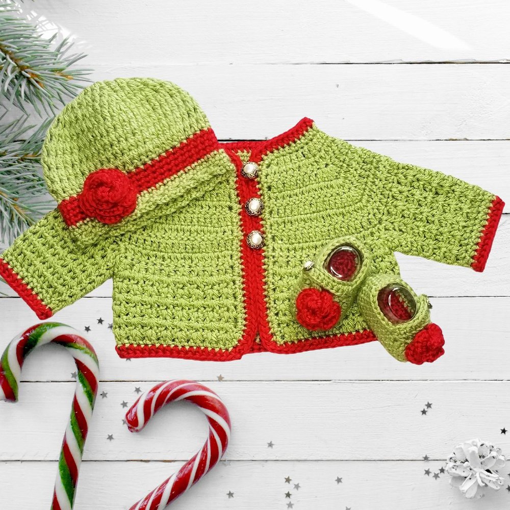 NWOT Hand Crafted Crocheted Christmas Sweater Set for Baby Girls, Size Newborn